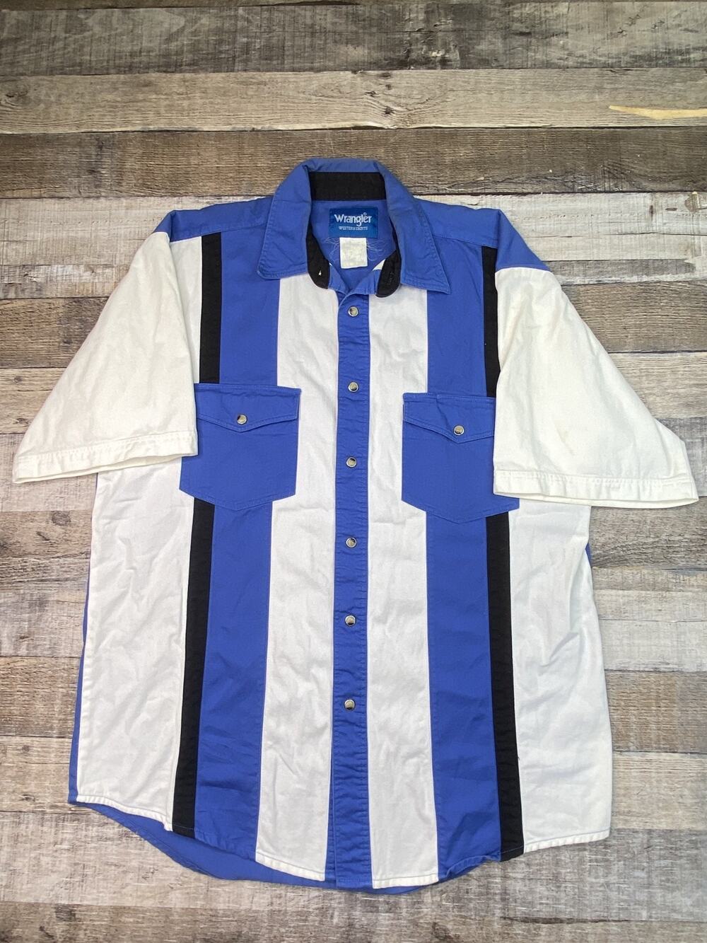 90s Wrangler Pearl Snap Button Shirt Mens M Blue Stripe Short Sleeve Western